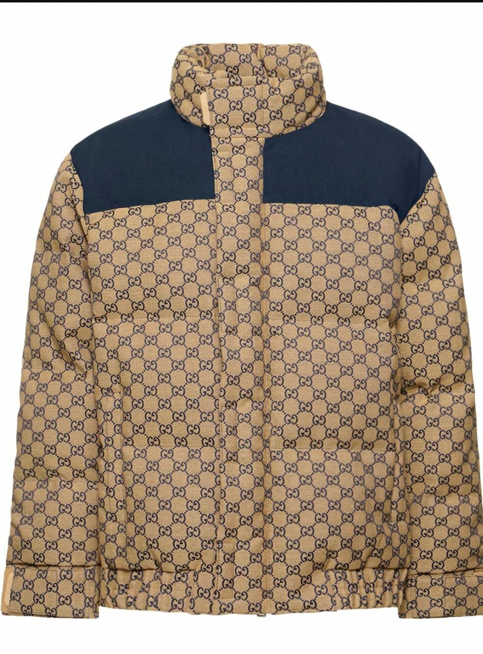 Gucci GG Monogram Down Jacket Navy Beige NWT Size 52 XL Hooded Puffer